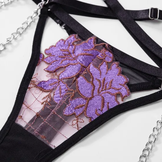 Sexy Floral Embroidery See Through Bra Panty Set Wholesale Luxury Chain Women Lingerie