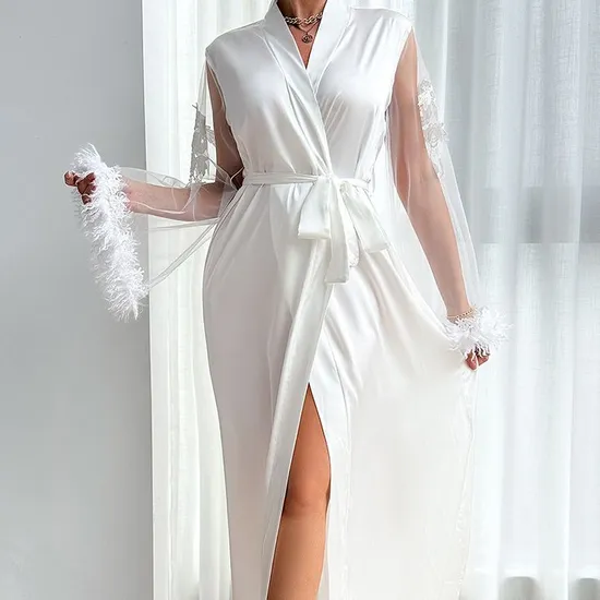 Wholesale Satin Woman Sleepwear Sexy See-Through Mesh Feather Lace Cuff Robe