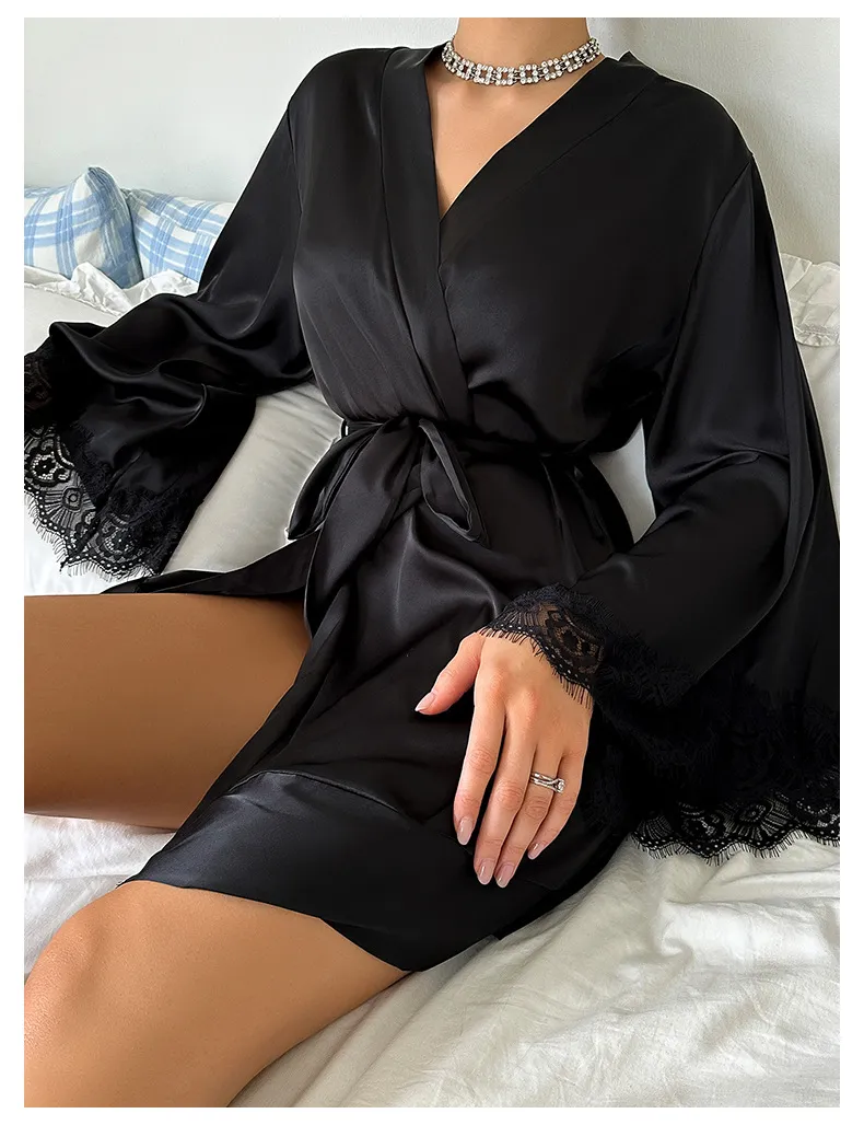 Wholesale V-Neck Satin Woman Lace Nightwear Sleepwear Sexy High-Quality Solid Color Robe