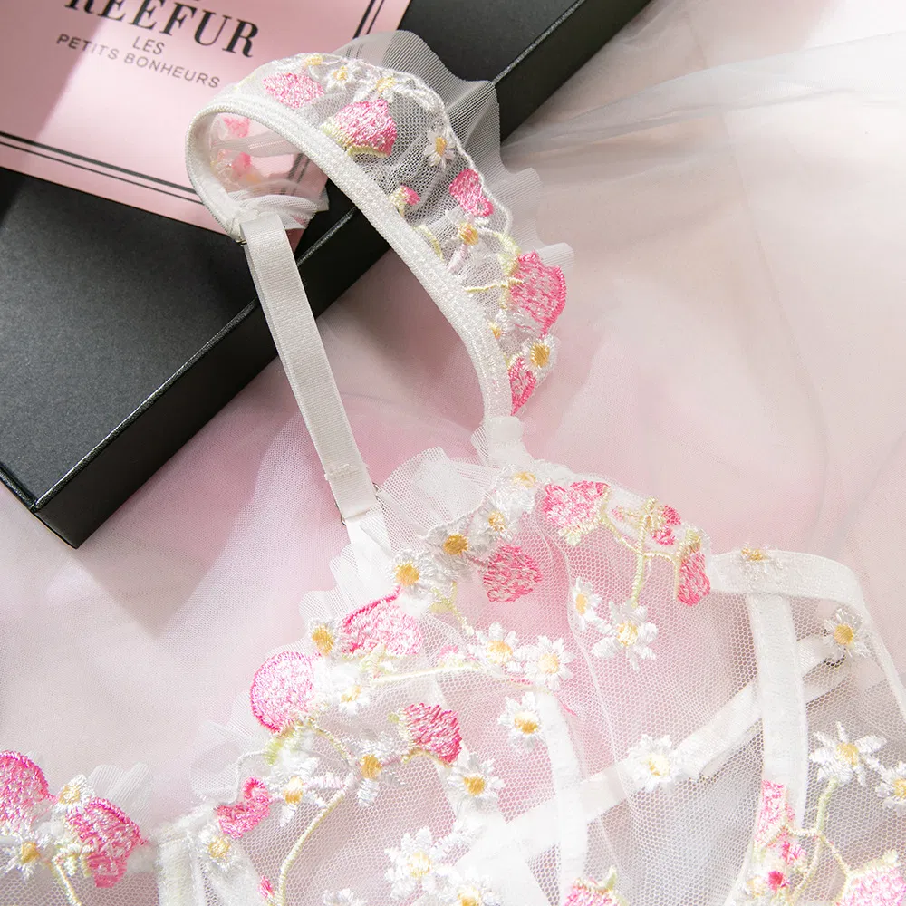 Sexy Ultra-Thin Perspective Mesh Underwear Set Wholesale Embroidered Flower Lingerie