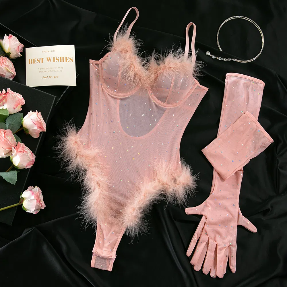 New Arrival Rhinestone Sparkling See-Through Mesh Underwear Set Sexy Feather Patchwork Lingerie