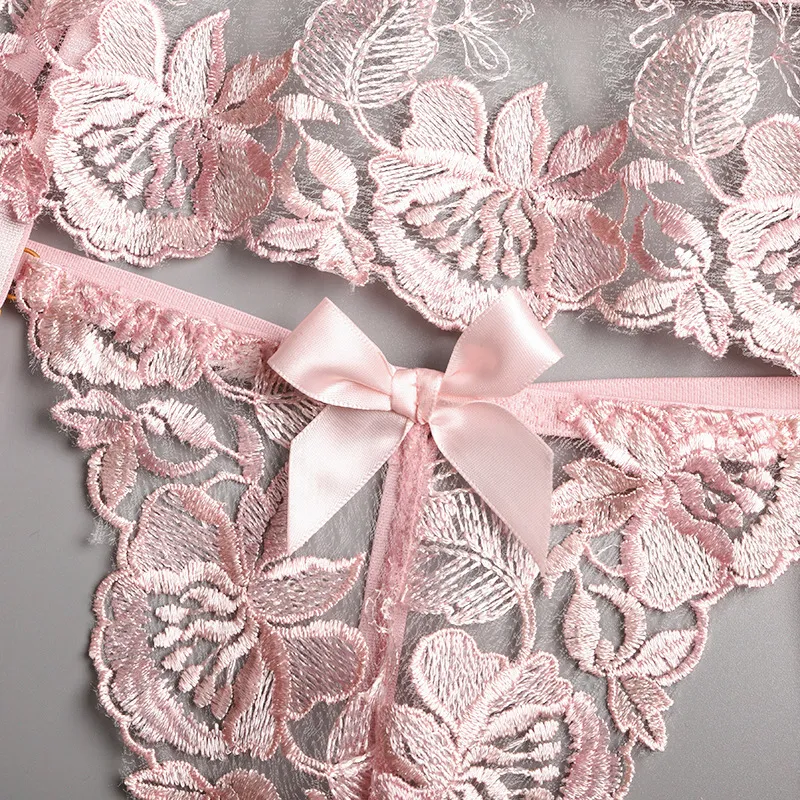 New Design Flower Embroidery See-Through Bra Set Sexy Woman 3 PCS Lingerie