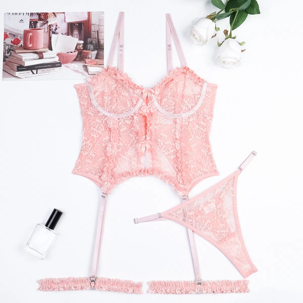 Sexy Hollow See-Through Woman Bra Set New High Quality Lace Ruffled Solid Color Lingerie