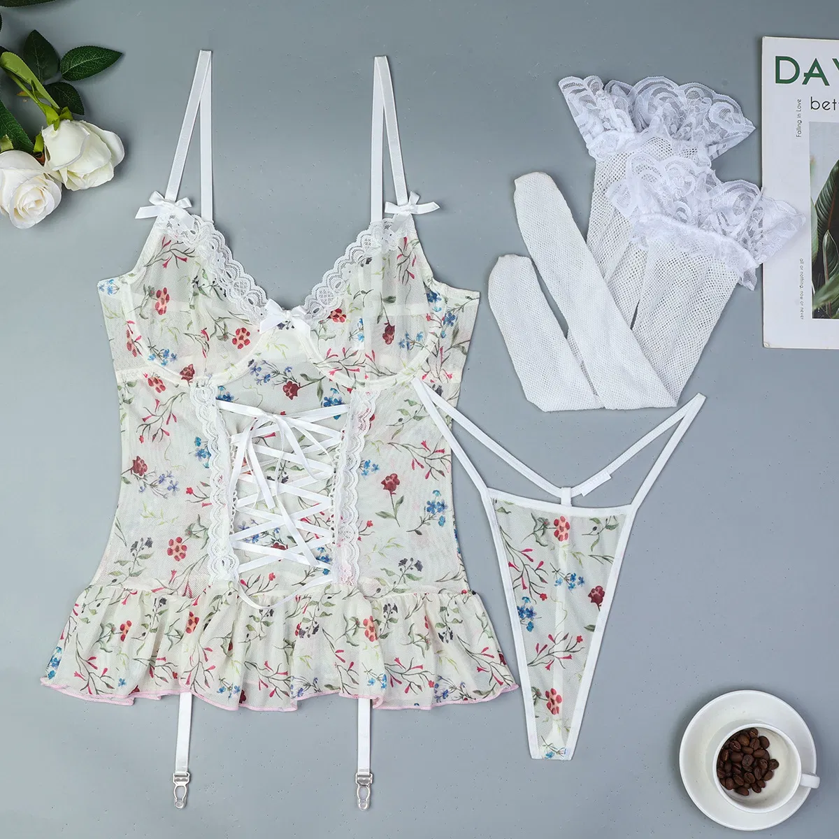 New Fashion Floral Print Transparent One Piece Bra Set Sexy Ultral-Thin Woman Lingerie