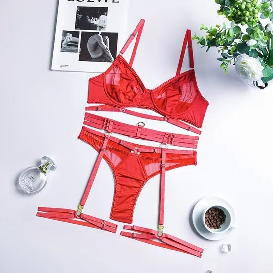 Wholesale Seduction See-Through Romantic Mesh for Women Four-Piece Breathable Ultra-Thin Set Bra Sexy Underwear Lingerie