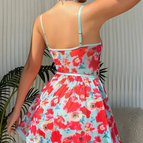 New Design Floral Print Women Bra Set Hot Exotic See-Through Long Dress Lingerie
