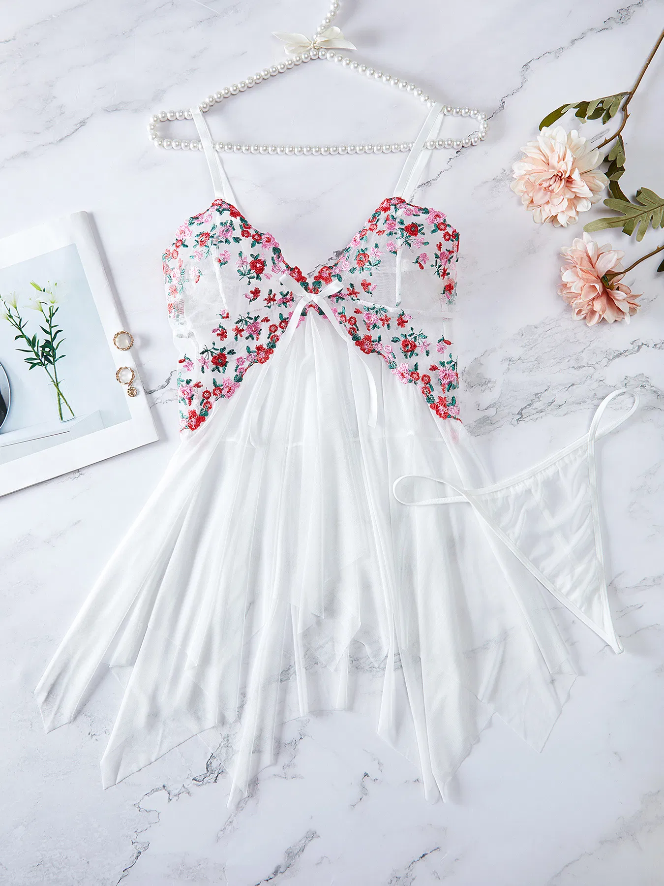 Wholesale Flower Embroidered See-Through Dress Underwear Set Sexy Ultral-Thin Lingerie