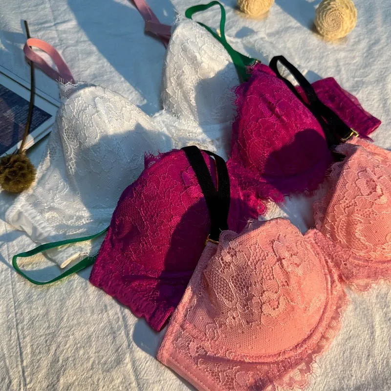 New Style French Seduction for Women Gathered Bra Set Lace Trim Breathable Sexy Lingerie