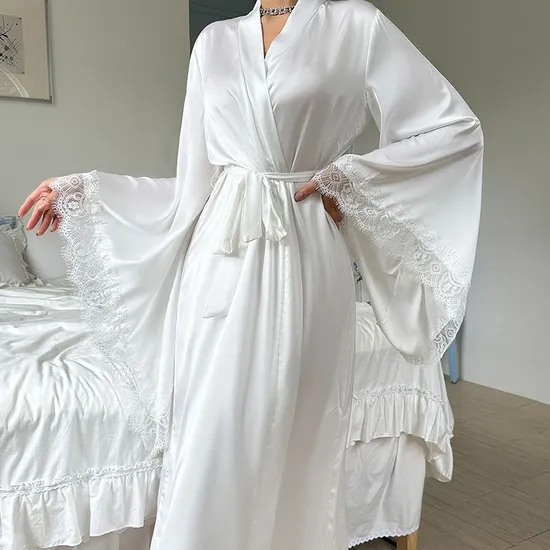 Wholesale Satin Lace Long Sleeved Women's Sleepwear Sexy High Quality Soft and Silky Robe