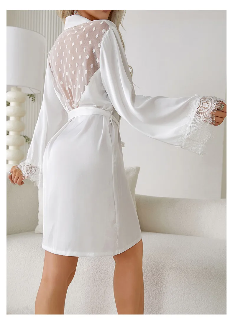 Sexy See-Through Polka DOT Mesh with Lace Sleepwear Nightwear Wholesale Women Satin Robe