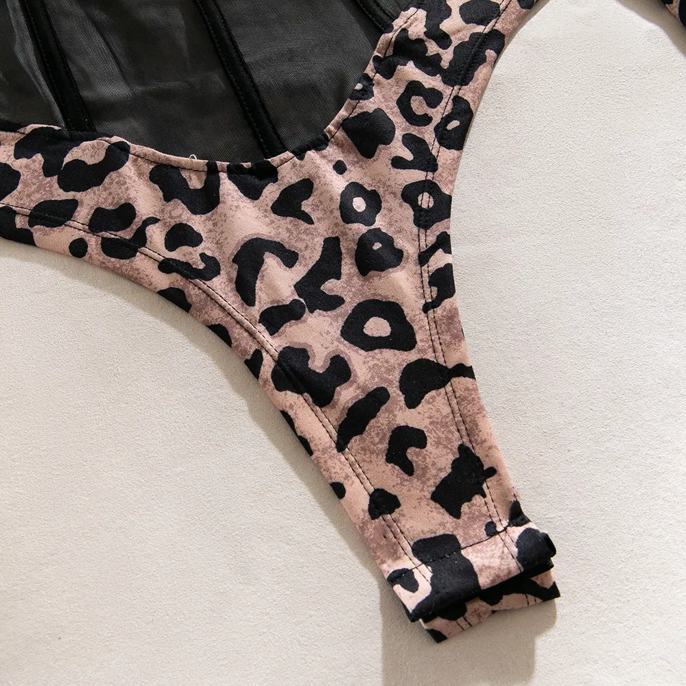 Wholesale Long Sleeve Leopard Print One Piece Underwear Sexy Perspective Slim Fitting Lingerie