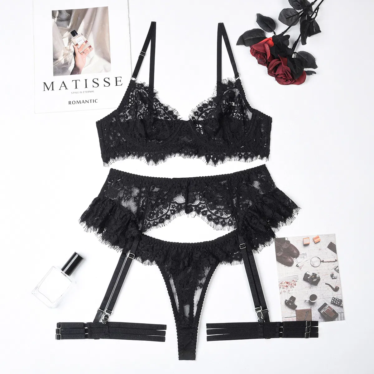 Sexy Transparent Lace Eyelash Woman Underwear Set Wholesale Embroidery Complex Lingerie