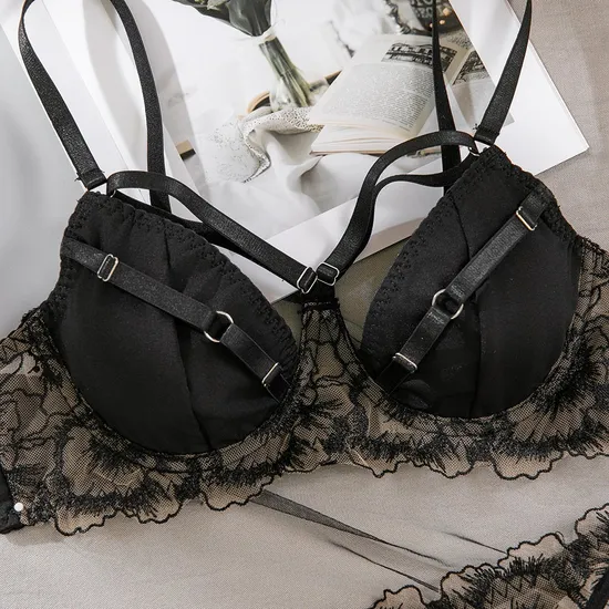Wholesale Embroidered See-Through Mesh Underwear Set for Woman Sexy Hollow out 2PCS Lingerie
