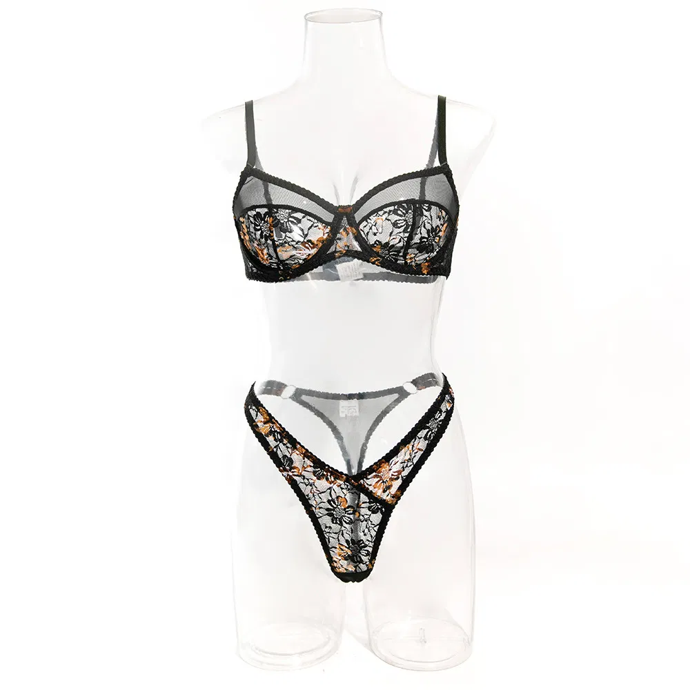 Wholesale Ultra-Thin Lace Woman's Underwear Set Sexy Mesh See-Through 2-Piece Lingerie