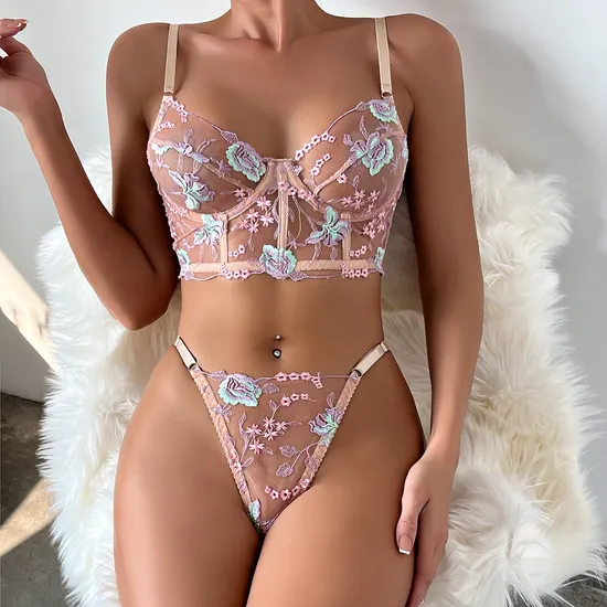 Sexy Mesh Transparent Flower Embroidery Fishbone Bra Set Factory Sell Woman Lingerie