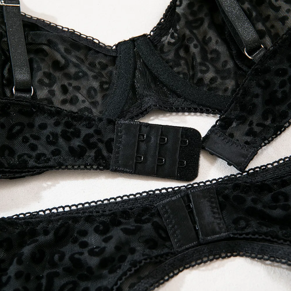 Wholesale Leopard Printed Underwear Set Sexy Push up See-Through Mesh Lingerie