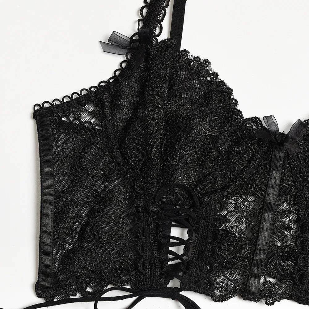 Wholesale Embroidery Floral Bra Set Sexy Transparent Hollow out 2 Piece Woman Lingerie
