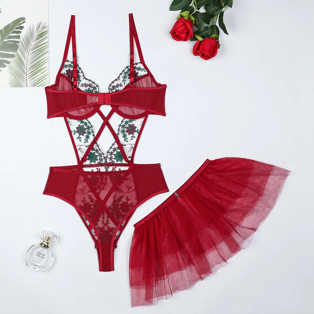 New Arrivals See-Through Mesh Skirt Bra Set Sexy Floral Embroidered Women Lingerie