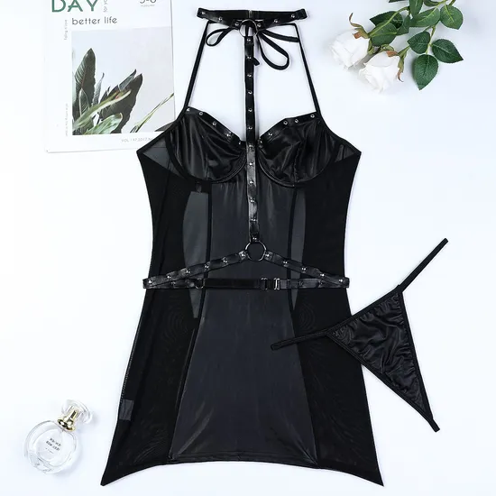 Sexy See-Through Mesh Hanging Neck Bra Set Hot Selling Elastic Solid Color Lingerie