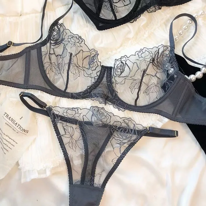 Hot Sell New Style Lingerie French Ultra-Thin Mesh Rose Embroidery Underwear Bra Set
