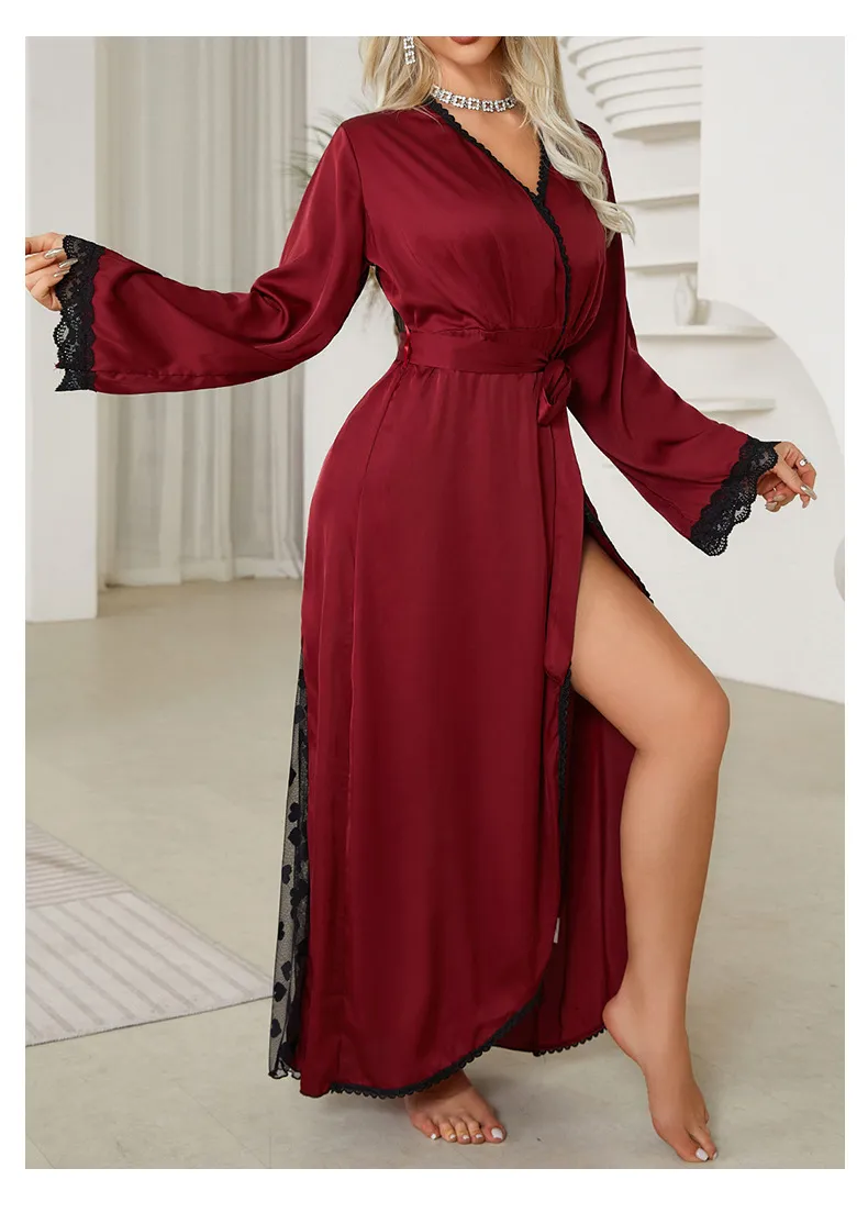 Wholesale Lace Satin Sleepwear Sexy Mesh Embroidery Patchwork Transparent Women's Robe