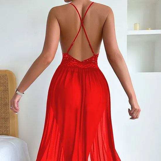 Sexy Erotic Transparent Woman Nightgown Dress Wholesale Solid Color Long Mesh Nightwear