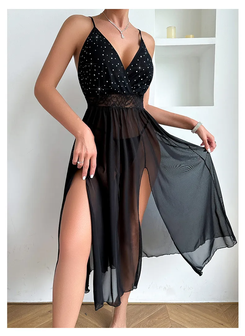 Sexy Erotic Transparent Woman Nightgown Dress Wholesale Solid Color Long Mesh Nightwear