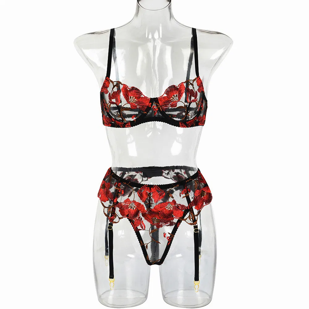 Wholesale Erotic Flowers Embroidery Lace Woman Bra Set Sexy High Quality Transparent Lingerie