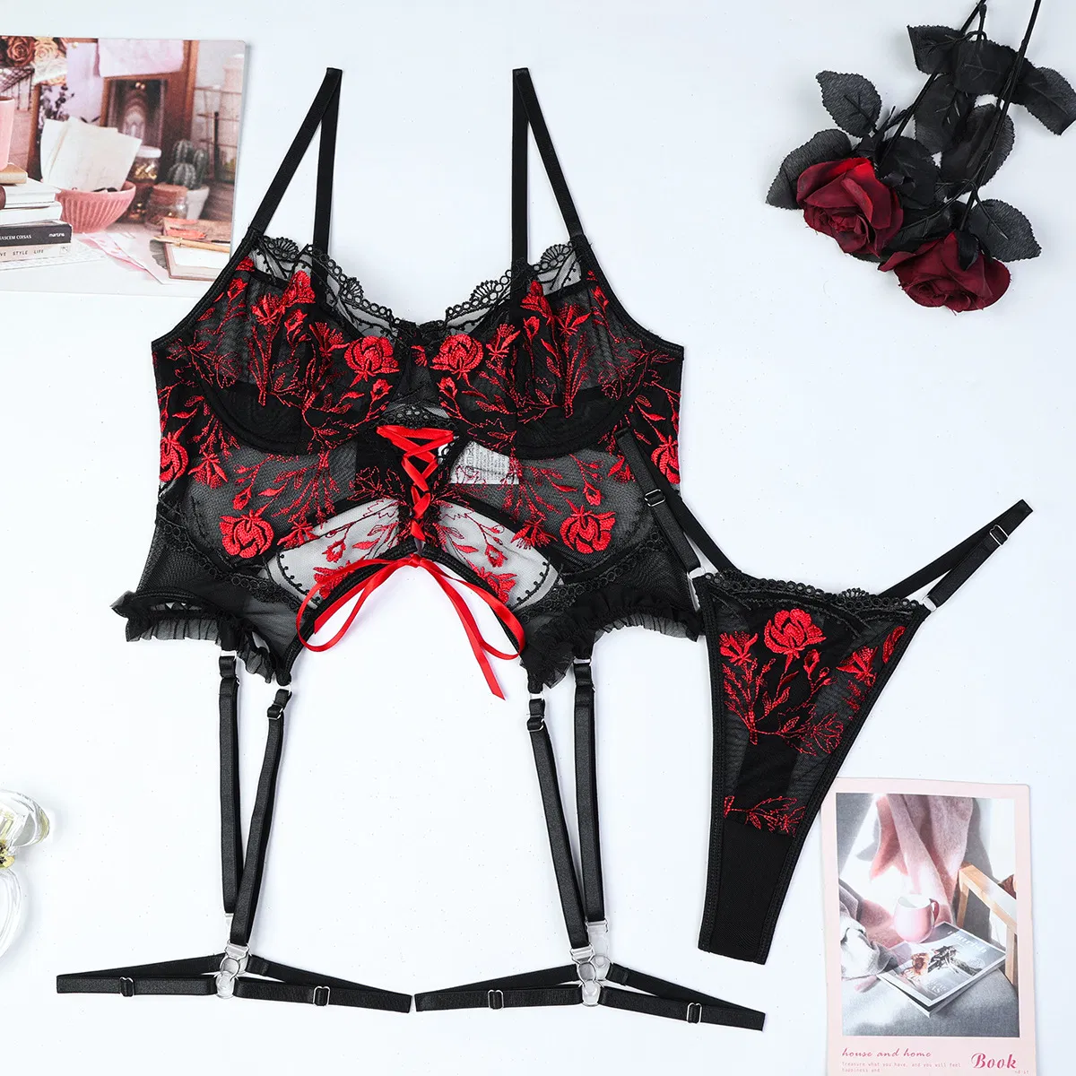 Wholesale Transparent Mesh Cross Strap Bra Set Sexy Flower Embroidery Thin Woman Lingerie