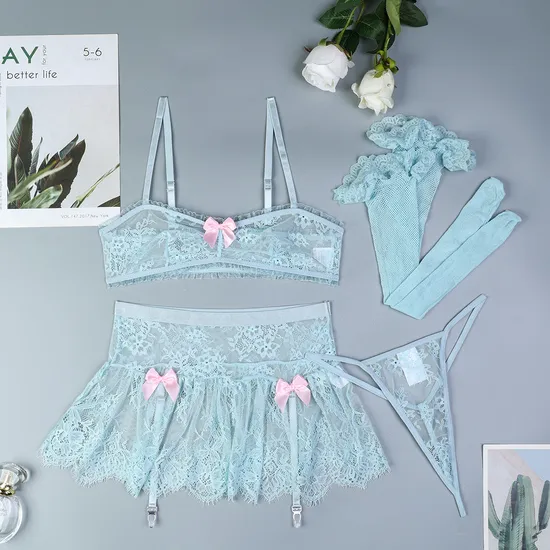 New Fashion Ultra-Thin Woman Underwear Set with Stocking Sexy Bow Mesh Skirt Lingerie