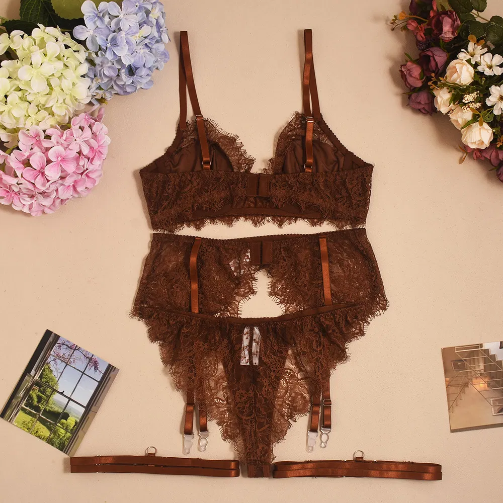 Wholesale Embroidered Eyelash Lace Woman's Underwear Set Sexy Ultra-Thin 2-Piece Lingerie