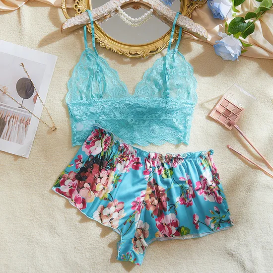 Wholesale Satin Embroidered Lace Underwear Set for Woman Sexy Short Sleeve Two-Piece Lingerie