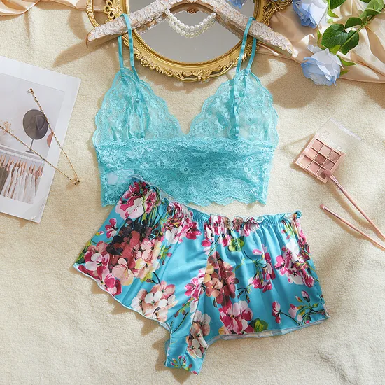 Wholesale Satin Embroidered Lace Underwear Set for Woman Sexy Short Sleeve Two-Piece Lingerie