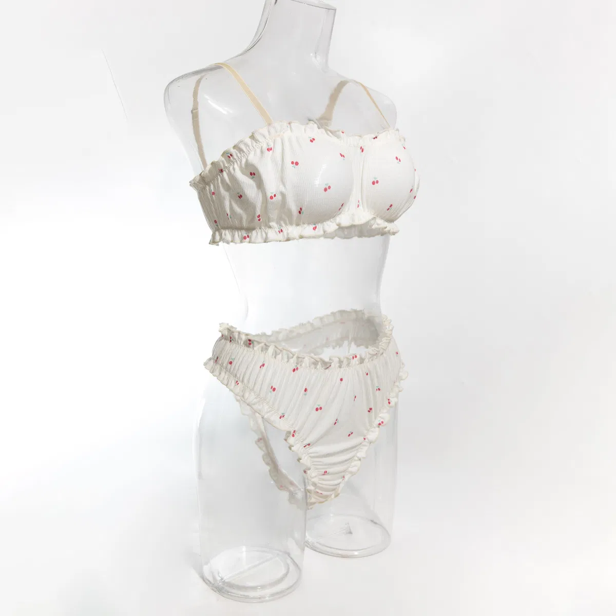 Sexy Ultra-Thin Underwear Set with Ruffles Shirring New Fashion Floral Print Woman Lingerie