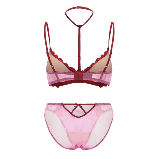 New French Mesh Embroidered Ultra-Thin Gathering Bra Set High Split Halte Underwear Sexy Lingerie