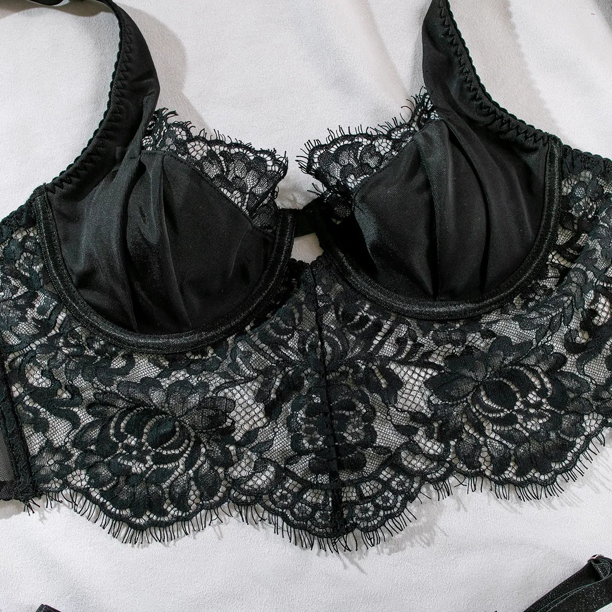 Wholesale Eyelash Lace Embroidery Flower Fish-Bone Underwear Set Sexy See-Through Lingerie