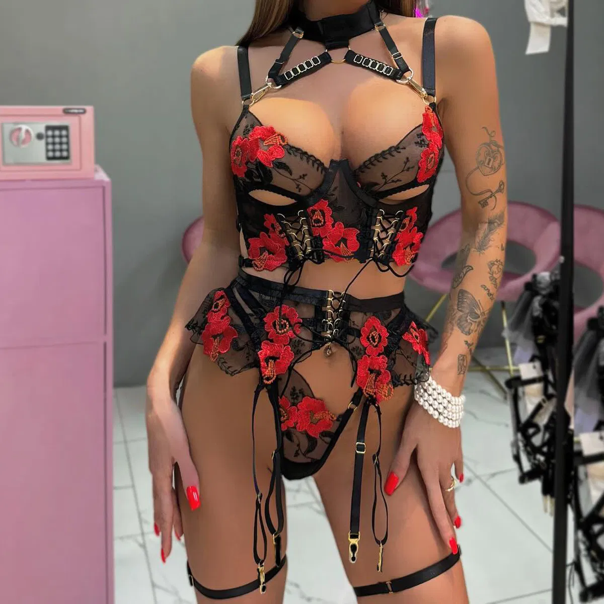 Wholesale Floral Embroidered Underwear Set Sexy Elegant Transparent Mesh Lingerie