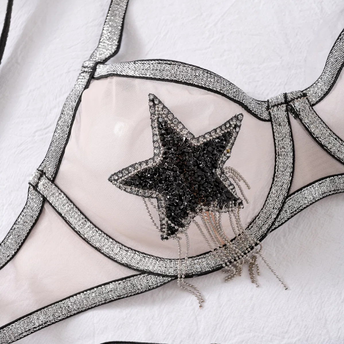 Sexy Tassel Rhinestone Decoration Underwear Set Wholesale See-Through Patchwork Lingerie