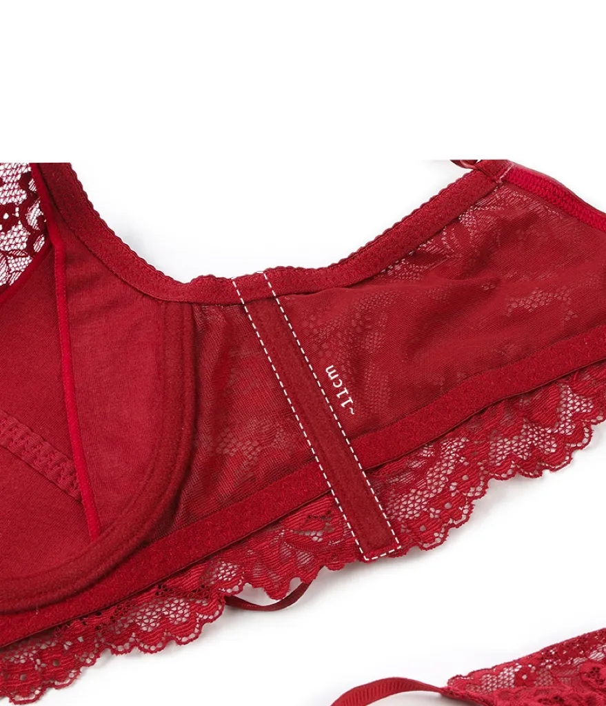 2025 New French Wholesale Embroidery Lace Trim Sexy Breathable Bra Ultra-Thin Halter Neck Set Underwear Lingerie