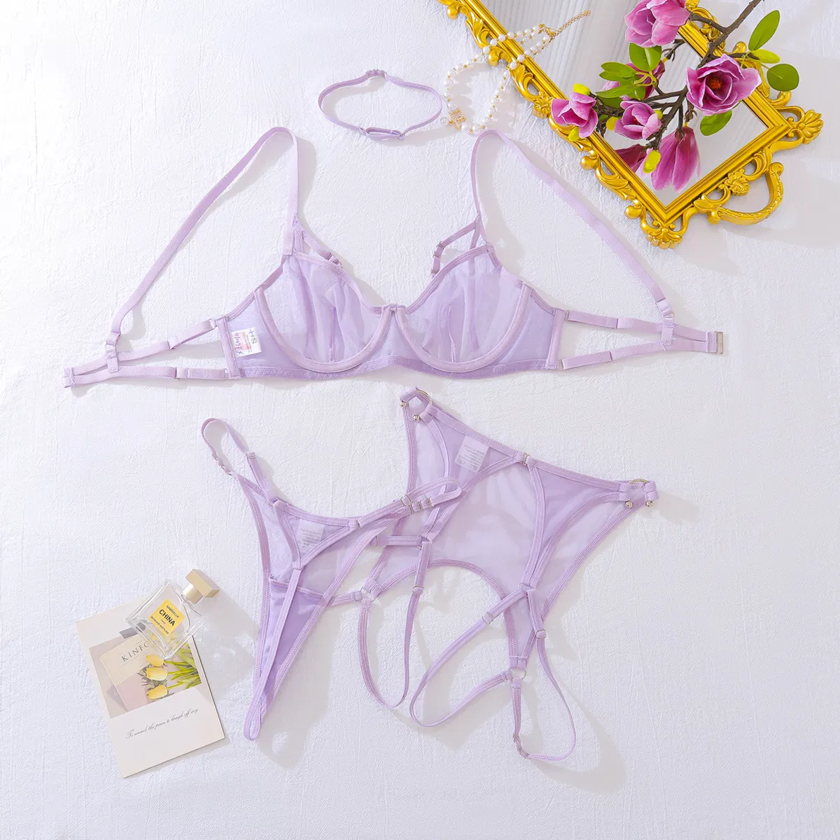 Wholesale Breathable Underwear with Neck Choker for Woman Sexy Mesh See-Through Lingerie