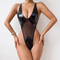 Sexy Deep V Backless Woman Lingerie Set Hot Fashion Transparent Mesh Leather Bodysuit