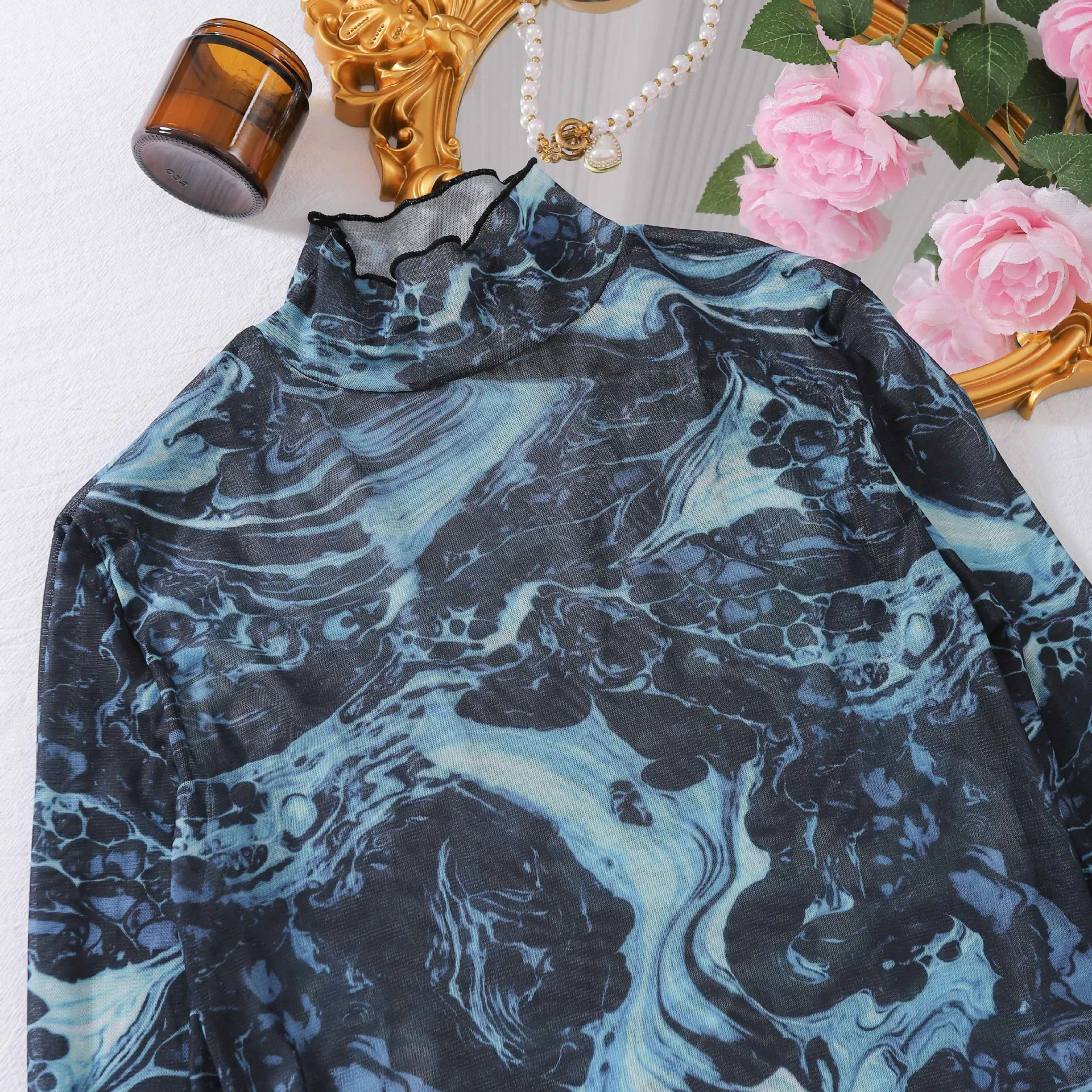 Sexy High Neck Long Sleeve Tie-Dye Mesh Underwear Set Wholesale Women's Dress Lingerie