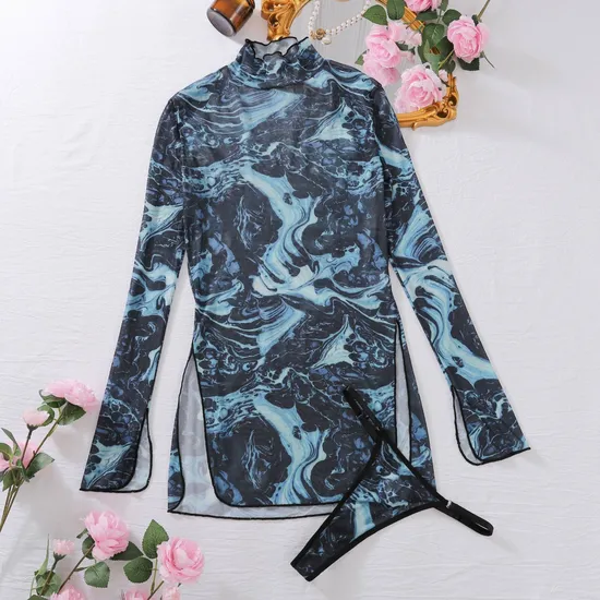 Sexy High Neck Long Sleeve Tie-Dye Mesh Underwear Set Wholesale Women's Dress Lingerie