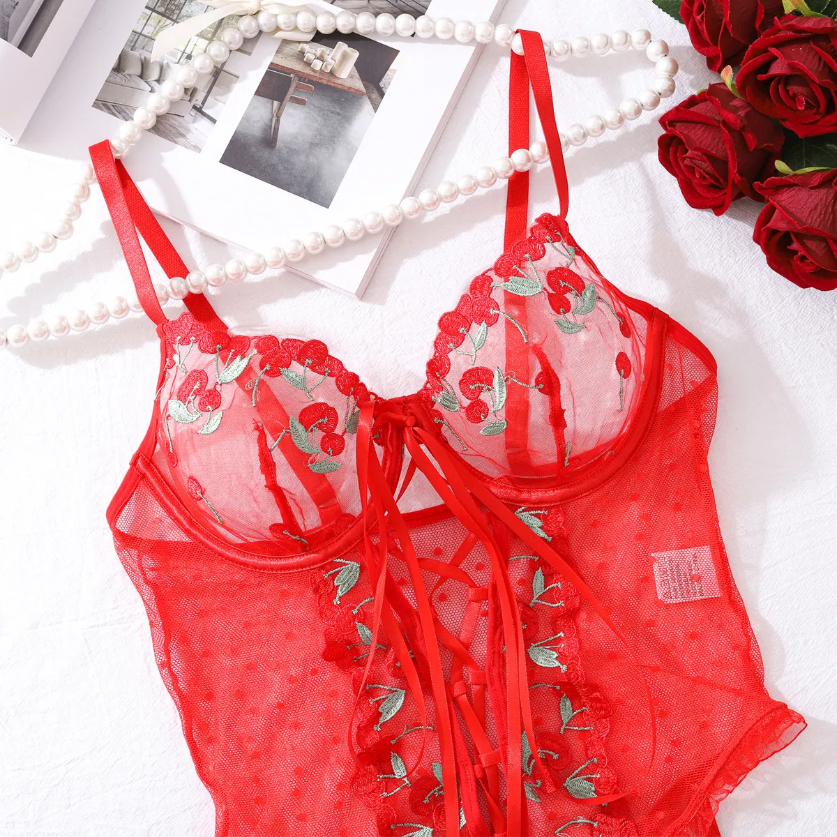 Sexy Deep V Women's Lingerie Set New Arrival Suspender Embroidery Bodysuit