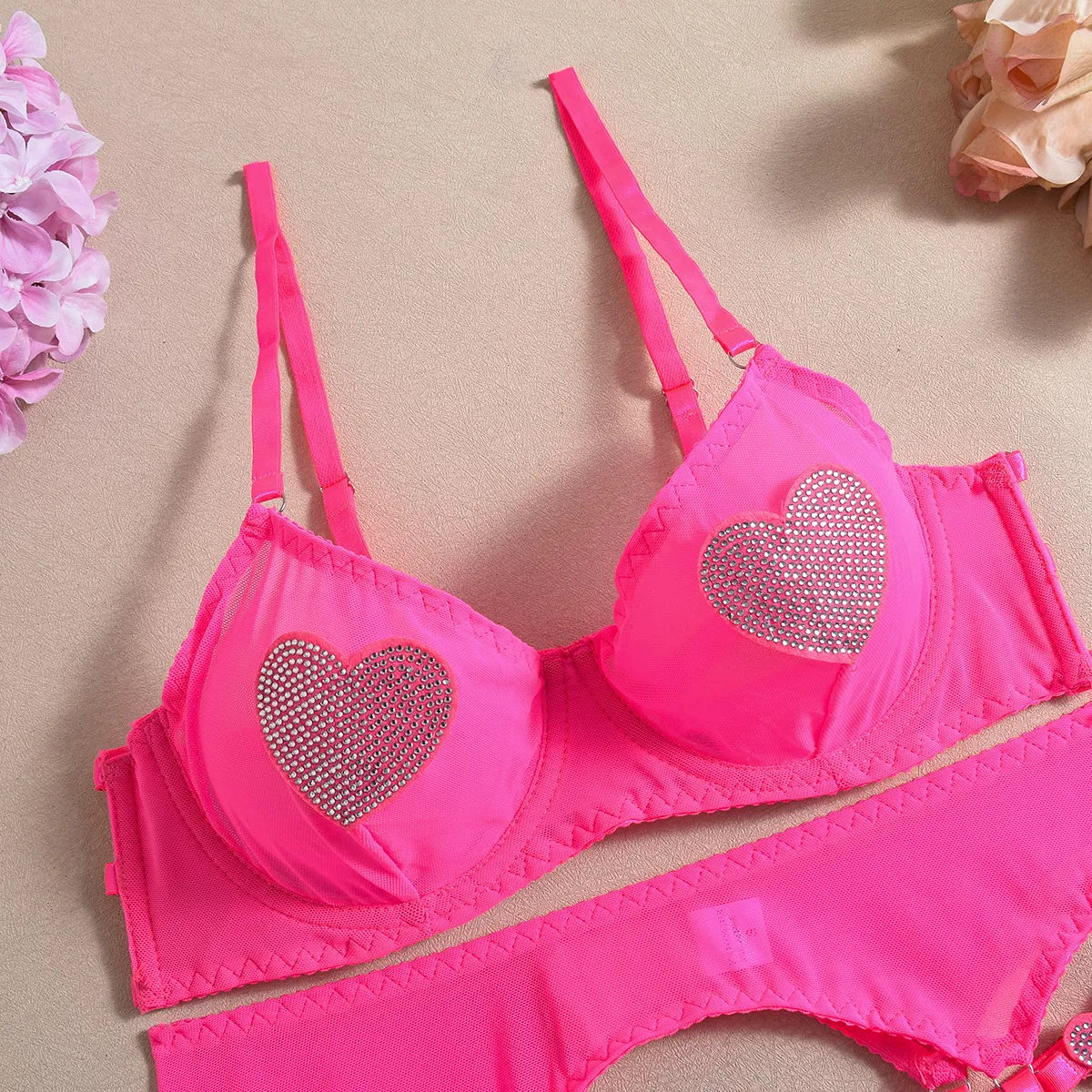 Wholesale Mesh See-Through Underwear Set for Woman Sexy Heart Shaped Rhinestone Lingerie