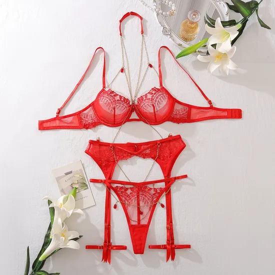 Wholesale Embroidery Lace Underwear Set for Woman Sexy Solid Color Chain Lingerie