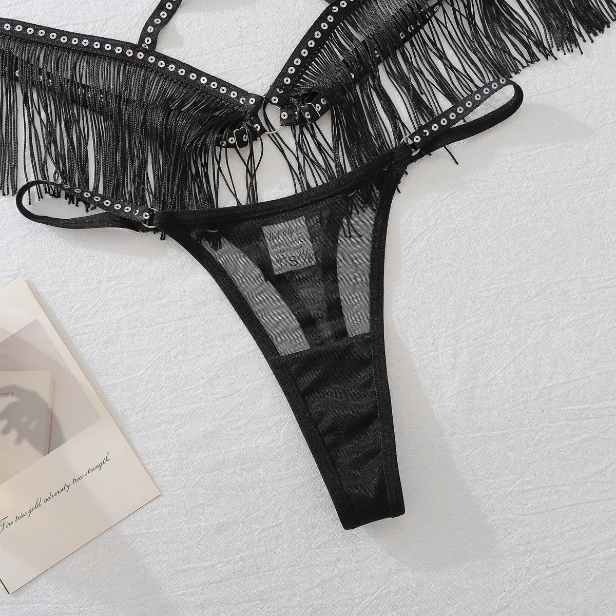 New Arrival Exotic Black Tassel Woman Bra Panty Set Sexy Perspective Mesh Lingerie