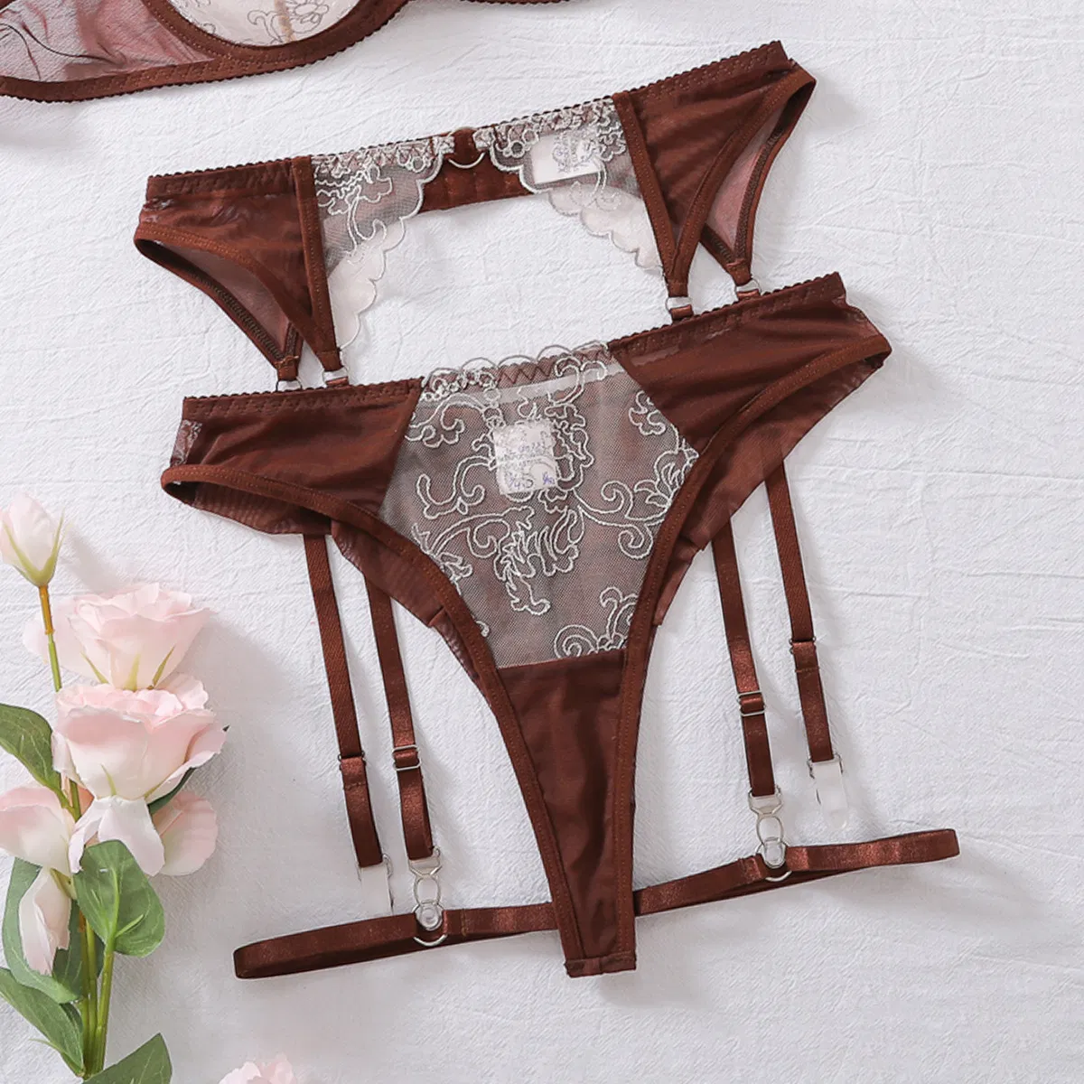 New Fashion See-Through Embroidery Bra Panty Set Sexy Contrasting Color Women Lingerie