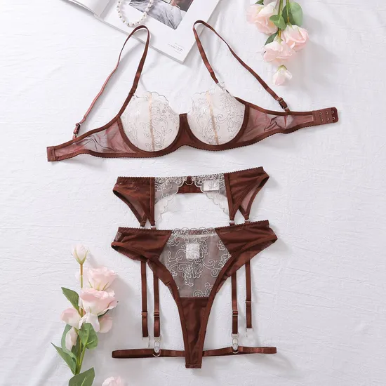 New Fashion See-Through Embroidery Bra Panty Set Sexy Contrasting Color Women Lingerie
