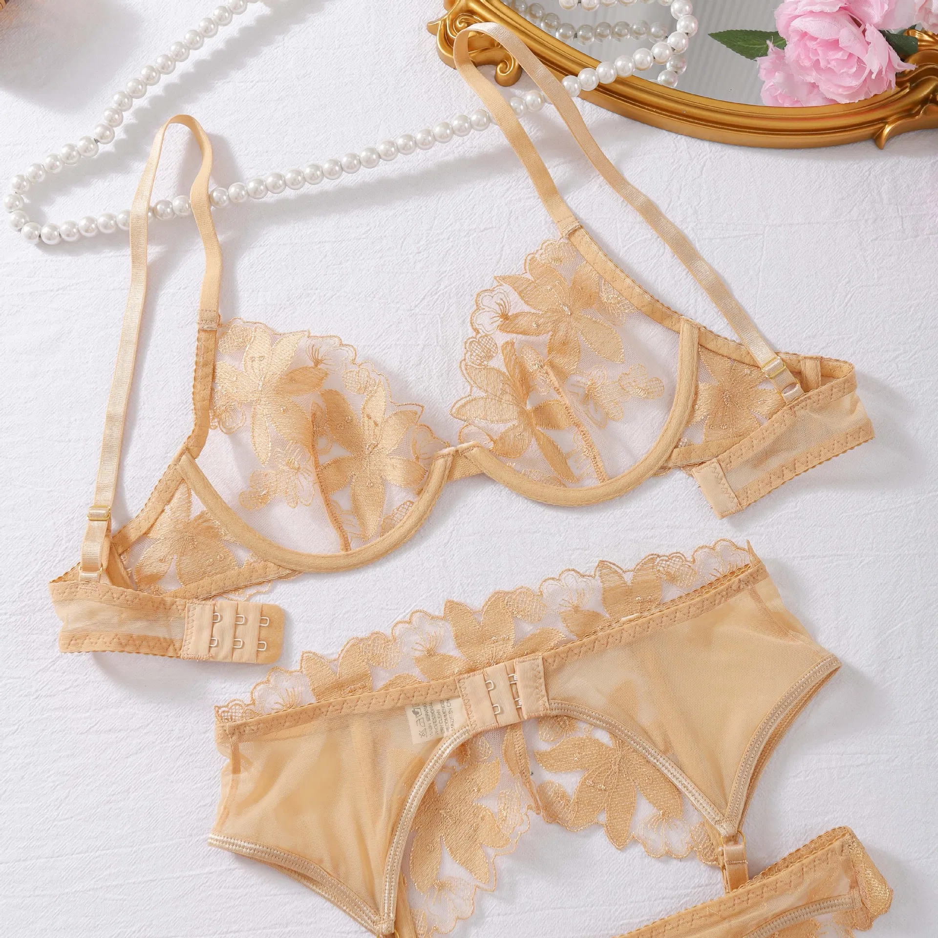 New Style Gold Flower Embroidery Bra Set Sexy See-Through Woman Lingerie